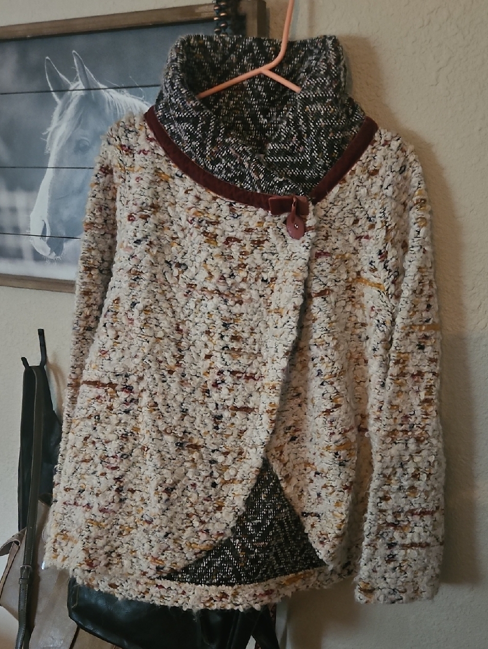 Bouclé Cowl-Neck Toggle Sweater Jacket - Cream